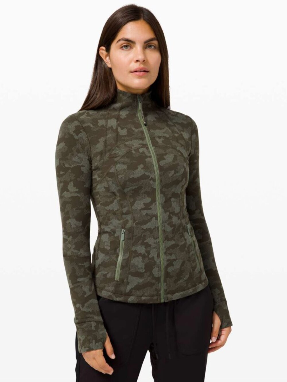 Lululemon Define Zip Up Stretch Lightweight Jacket Camo Olive Green Thumbholes 8